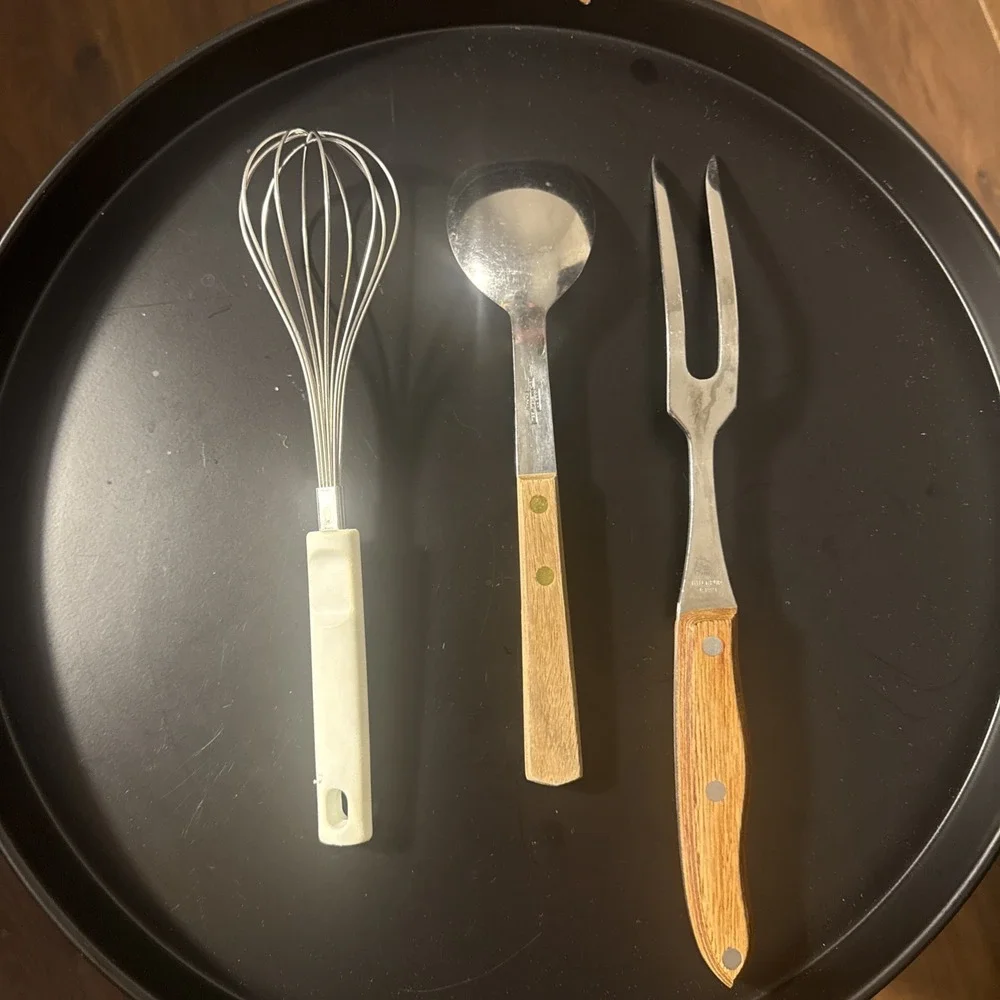 Vintage Interpur Kitchen Utensil Set Mixed Lot of 3 Wood Silver Whisk Spoon Fork